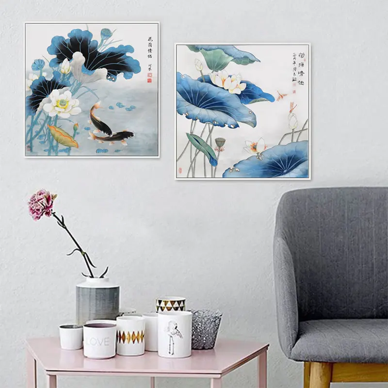 Большой холст печать стихотворение Koi китайская живопись Лето Lotus Art настенные
