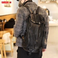 genuine leather mens backpack zipper retro old solid color buckle shoulder bag fashion soft leather youth black backpacks