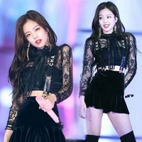 kpop korean celebrity summer fashion black full sleeved lace hollow sling dress women 2022 stage performance loose sexy dresses