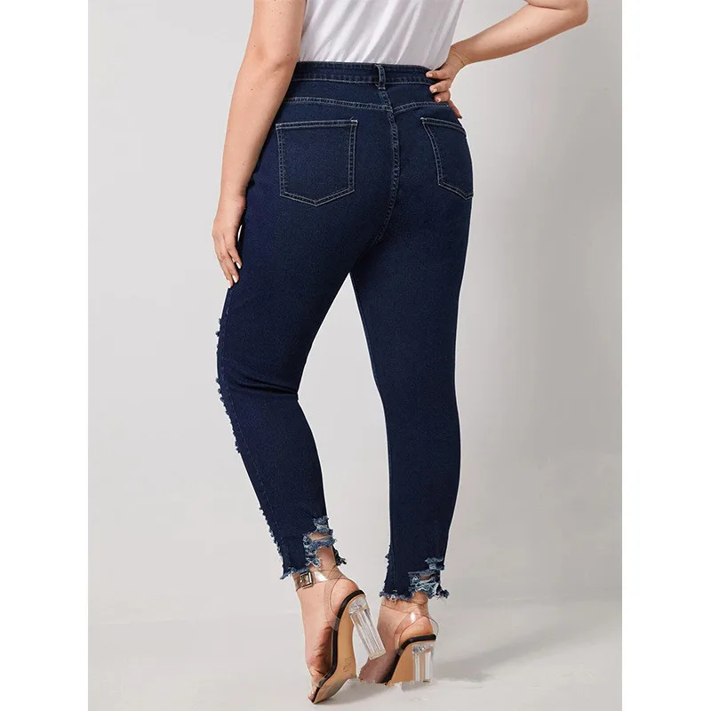 

2021 SpringSummer Hight Waist Ripped Plus Size Women's Jean Spandex Skinny Denim Trousers JD668