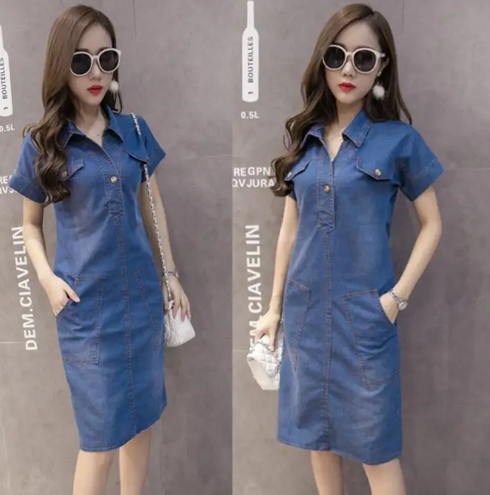 Женское винтажное джинсовое платье с отложным воротником и короткими рукавами