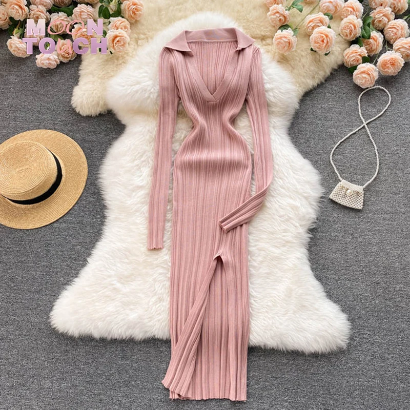 

Autumn Women's Dresses Korean Knitted Long Sleeve V Neck Elastic Slim Pencil Dresses 2021 Sexy Bodycon Split Sweater Dress