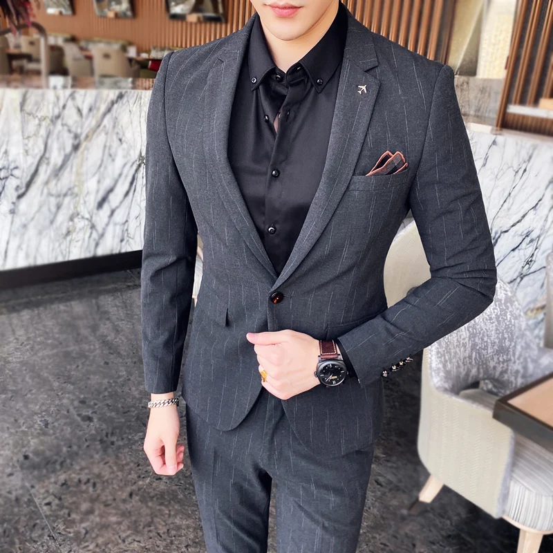 Men's business Suit korean slim Blazers Trousers stripe One Button New dress Asian size high quality man wedding suit | Мужская