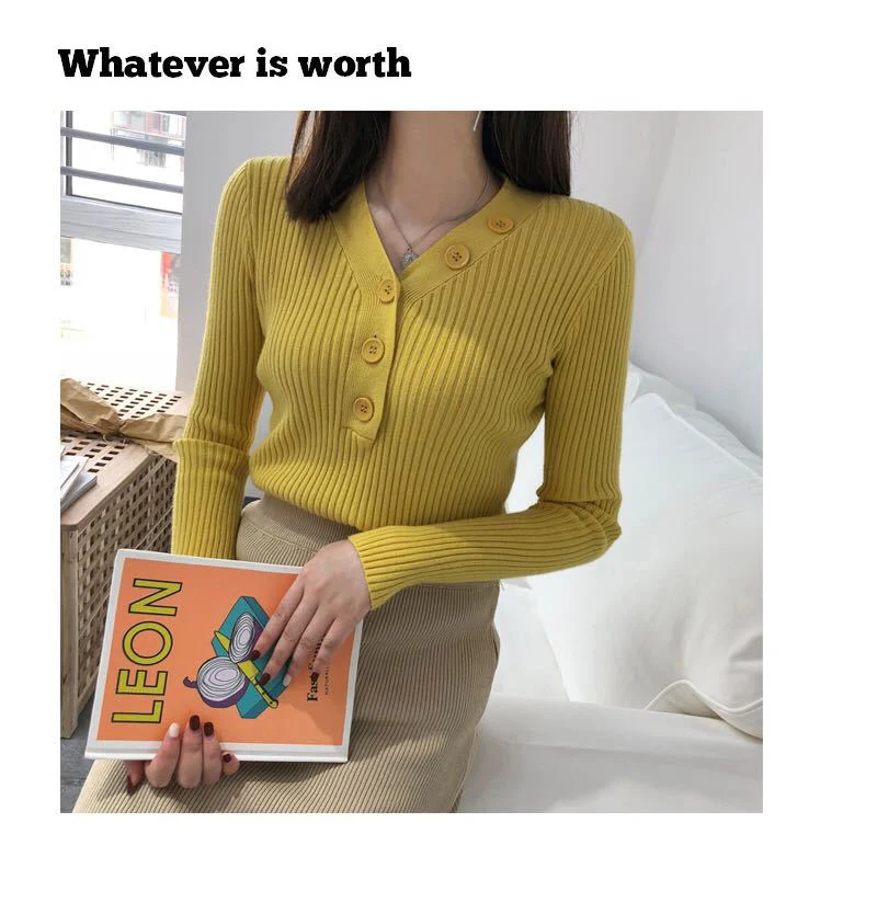 2019 осенний женский свитер вязаный пуловер с длинным рукавом вырезом в виде буквы