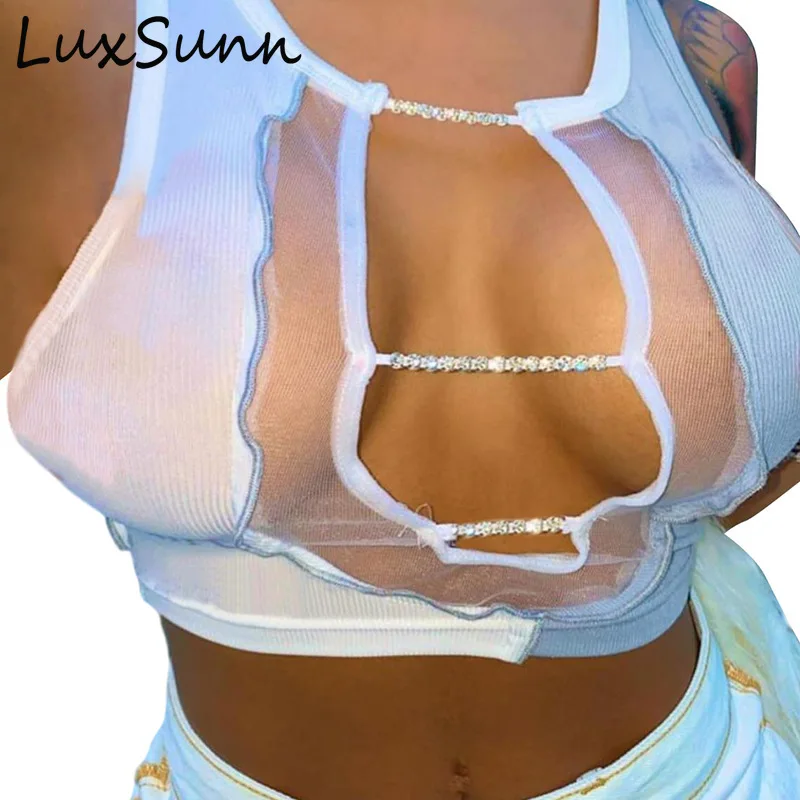 

Women Summer See-through Stitching Sexy Hollow Slim Vest Shiny Crystal Chain Tank Top Mesh Crop Top Vest Party Clubwear Outfits