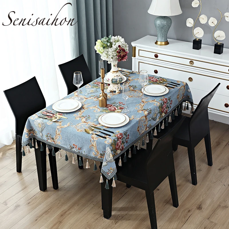 

Chenille Rectangle Dining Table Cloth Blue Jacquard Fabric Peony Embroidery Wedding Home Decor Tablecloth Tassel Hem Table Cover