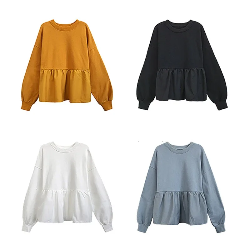 

Woman Hoodies T-Shirt Female Spring Autumn Korean Style Loose Casual Solid Color Thin Round Neck Long Sleeve Hooded Sweater Tops