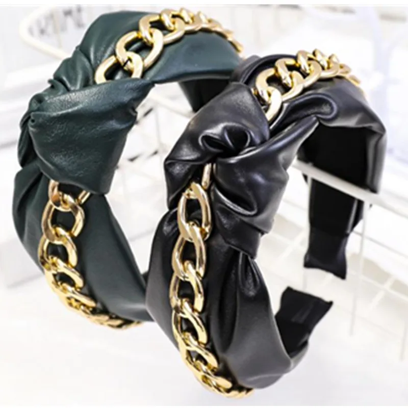 Металлическая цепь обмотки PU повязка для волос женщин Новые однотонные