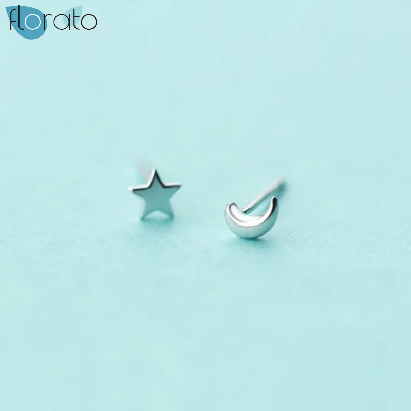 925 пробы серебряные серьги гвоздики для женщин асимметричные с Луной и звездой