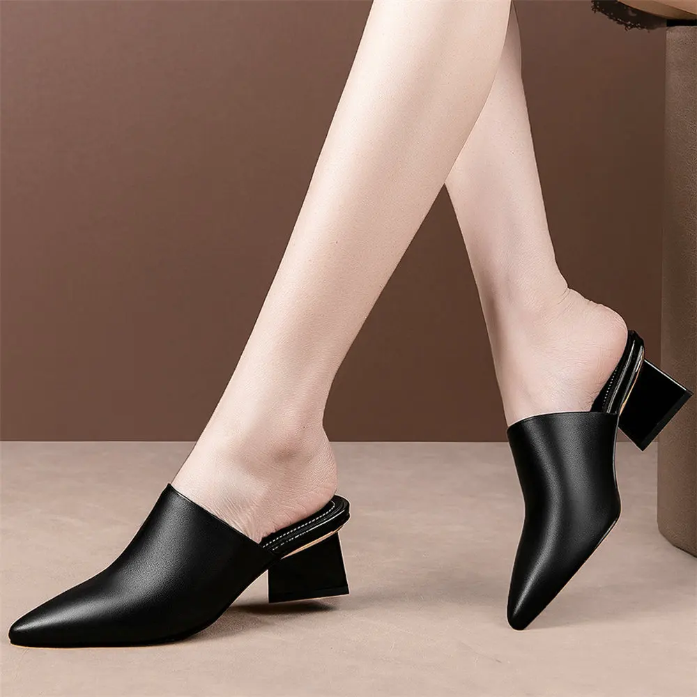

New Summer Mules Women Genuine Leather Cuban High Heel Outdoor Slippers Female Pointed Toe Gladiator Sandals Wedding Pumps Shoes