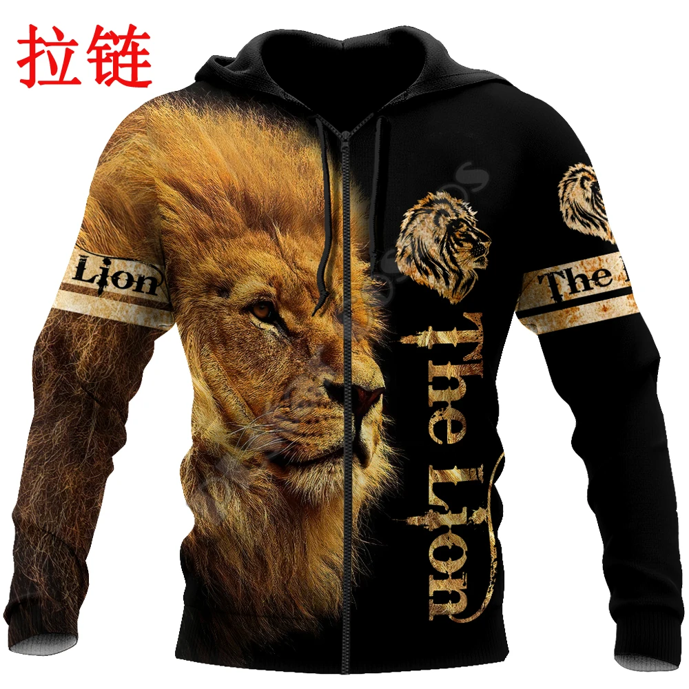 Толстовка мужская с 3D-принтом льва Повседневный пуловер на молнии уличная одежда