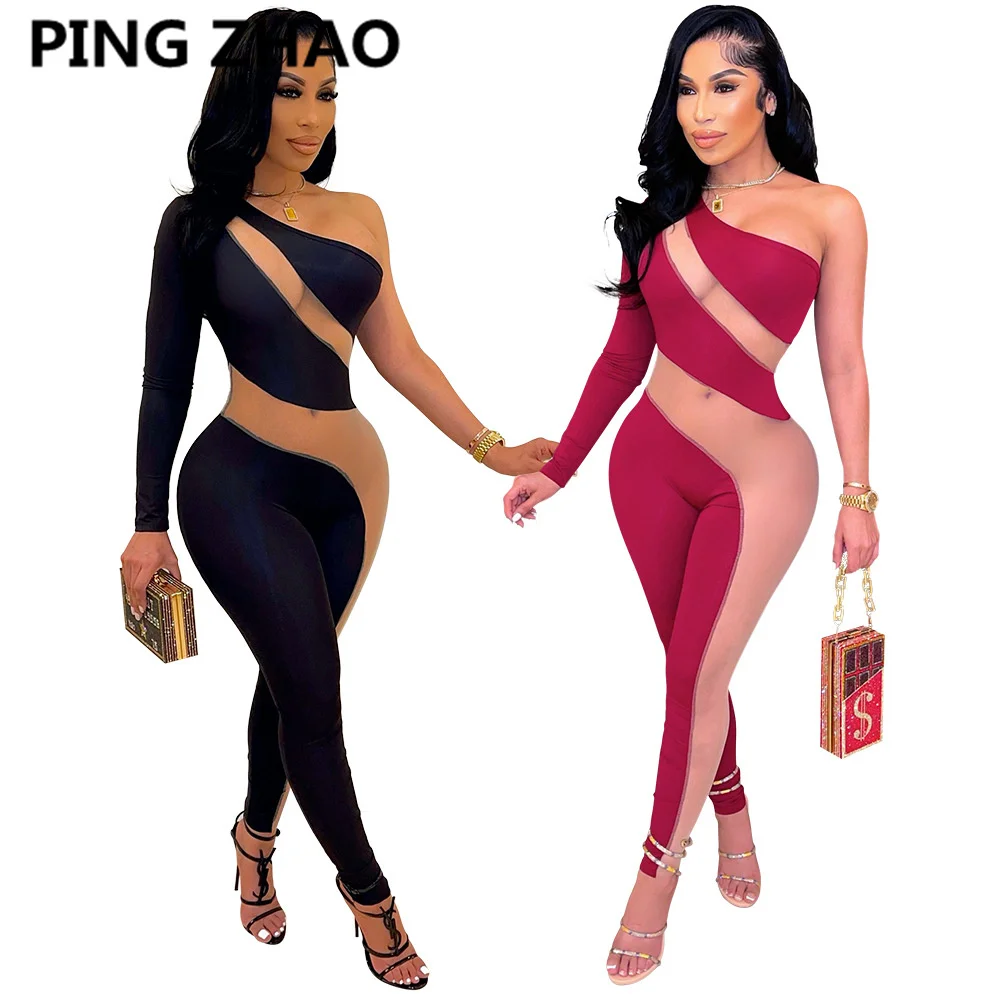 

PING ZHAO Women Mesh See Though Patchwork One Shoulder One Long Sleeve Jumpsuit Sexy Party One Piece Overall Romper Playsuits