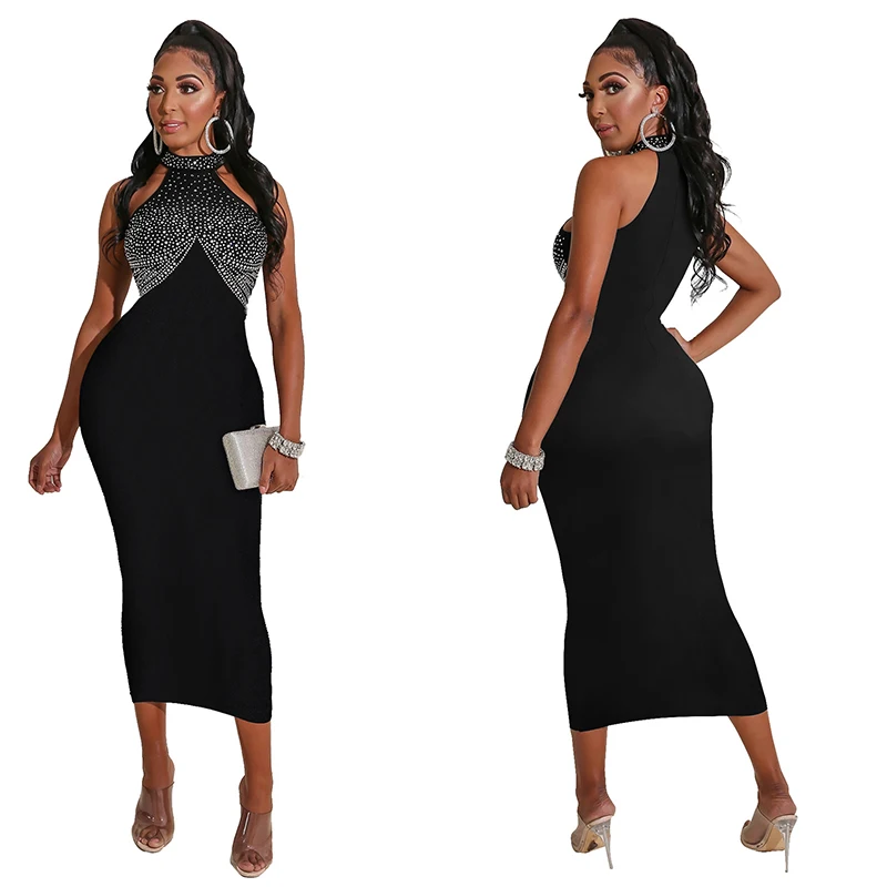 Повседневное лоскутное платье с лямкой на шее женское сексуальное длинное без