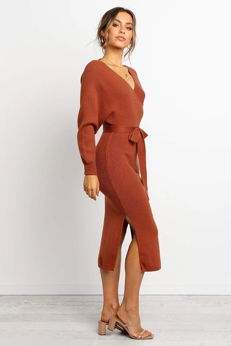 BUENOS 2019 autumn winter new women's sexy V-neck sweater dress female loose long bat sleeves solid knitting midi | Женская одежда