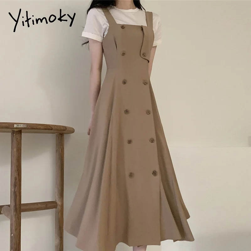 

Женское двухбортное платье Yitimoky, Повседневная футболка с круглым вырезом и коротким рукавом, в Корейском стиле, Летний сезон 2021