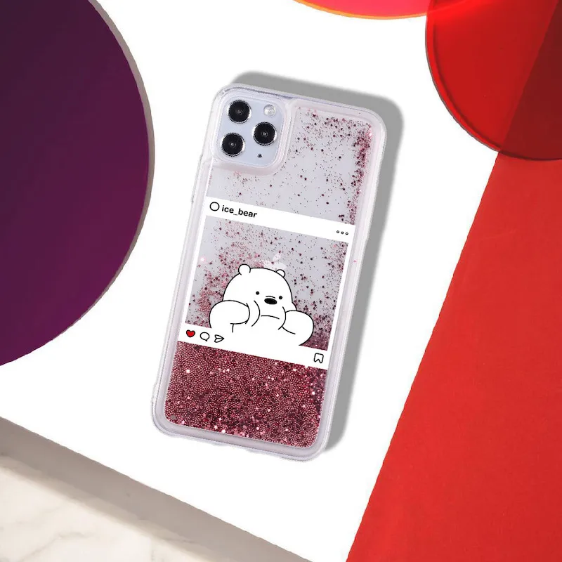 

Cartoon Bear Instagram Frame Sparkle Liquid Real Glitter Phone Case Fundas Cover For iPhone 12 11 X XS XR Max Pro 7 8 8Plus 6