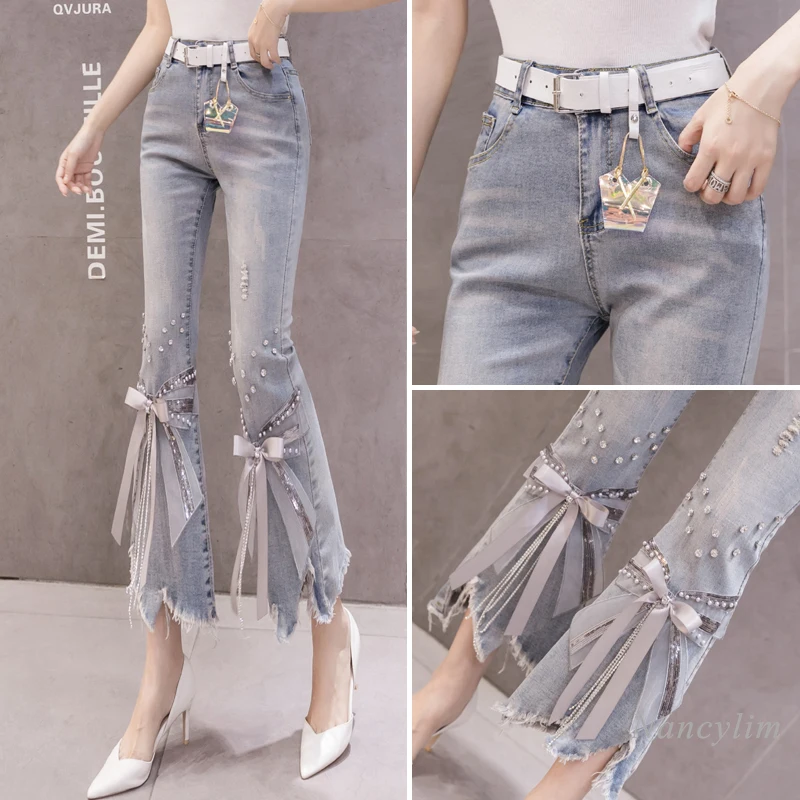 

Fashion Denim Pants for Women 2021 Spring Summer New Slim High Waist Worn Irregular Heavy Industry Bow Beaded Bell-Bottom Jeans
