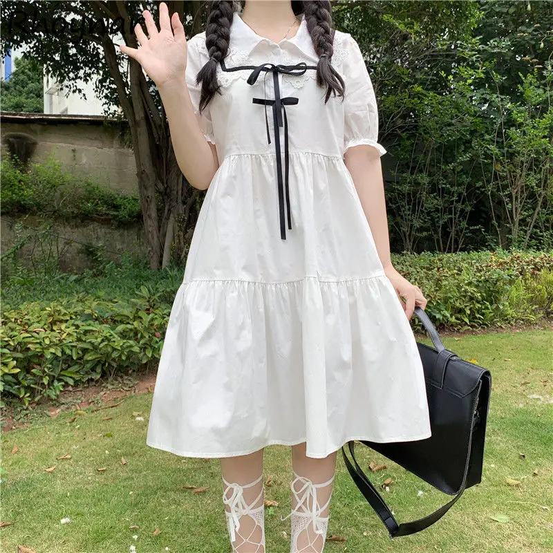 

Платья женские в стиле пэчворк, повседневные модные Универсальные милые студенческие платья-трапеция в японском стиле с рукавами-лепестка...