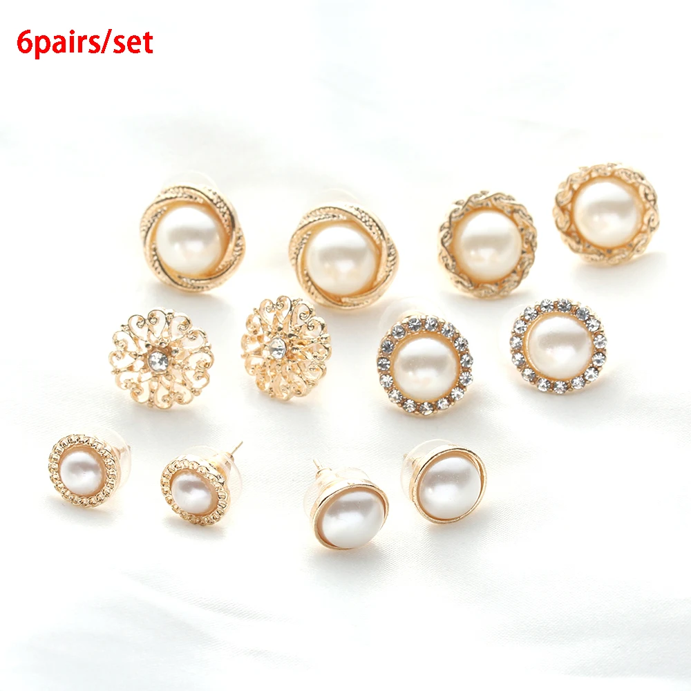 6 пар/партия Модный с кристаллами со стразами серьги цветком и жемчугом для