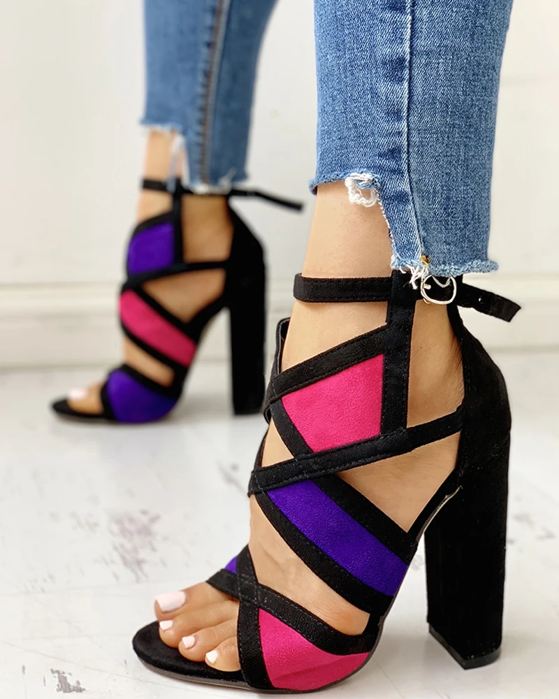 Контрастный цвет открытый носок массивный каблук цветной блок ремешок на