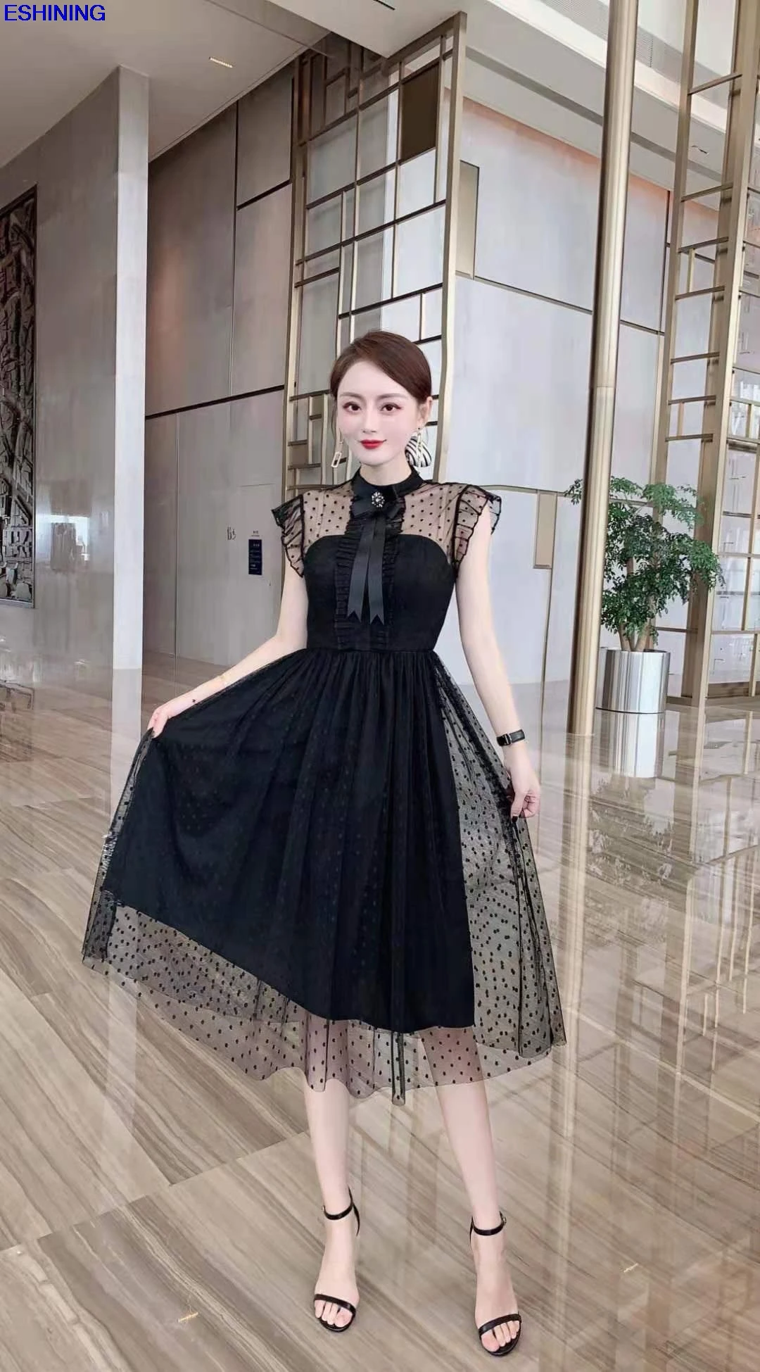 

2021 Spring and summer new lace dress polka dot lace fabric detachable bow