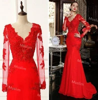 charming mermaid red evening dress sexy v neck long sleeve lace prom dresses 2021 backless satin second party night formal dress