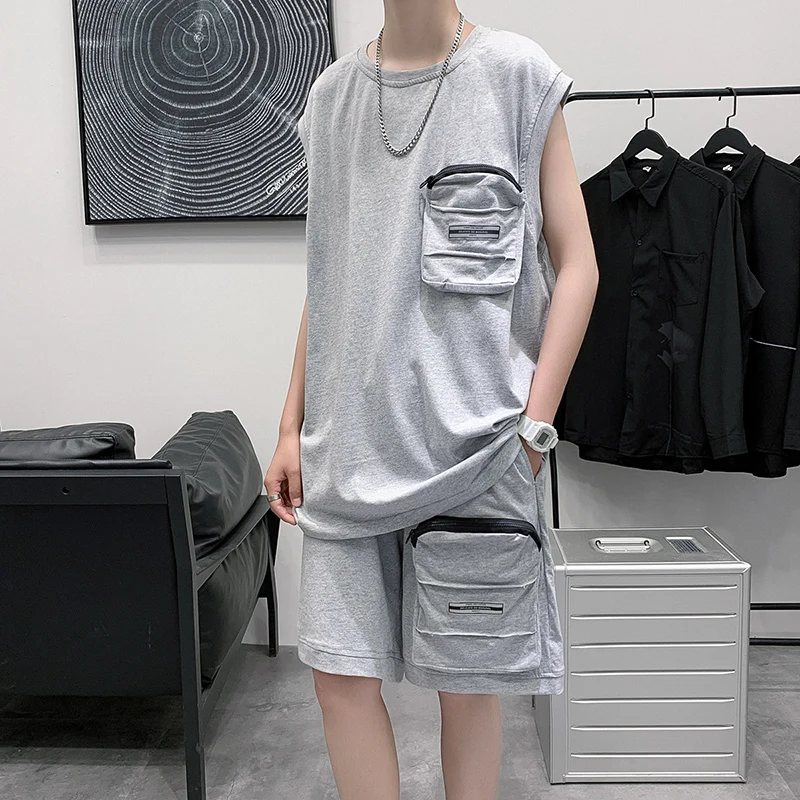 

Высокое качество Лето 100% хлопок Большие Карманы Декор без рукавов футболка наборы Мужские Простые универсальные повседневные свободные шо...