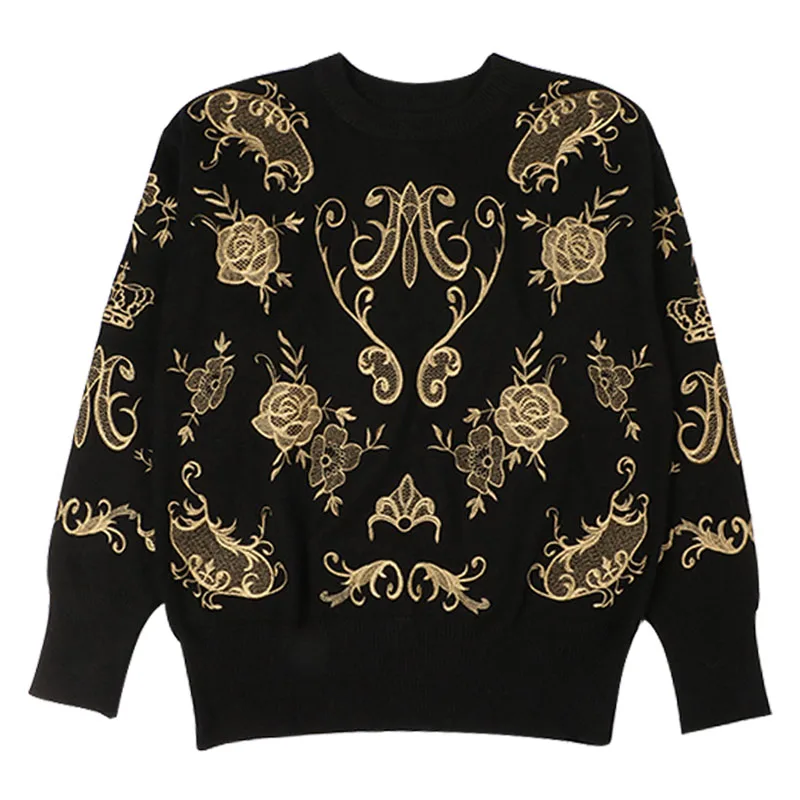 Vintage Autumn Winter 2020 Women Runway Designer Black Floral Embroidery Long Sleeve Knitted Sweaters Pullovers | Женская одежда