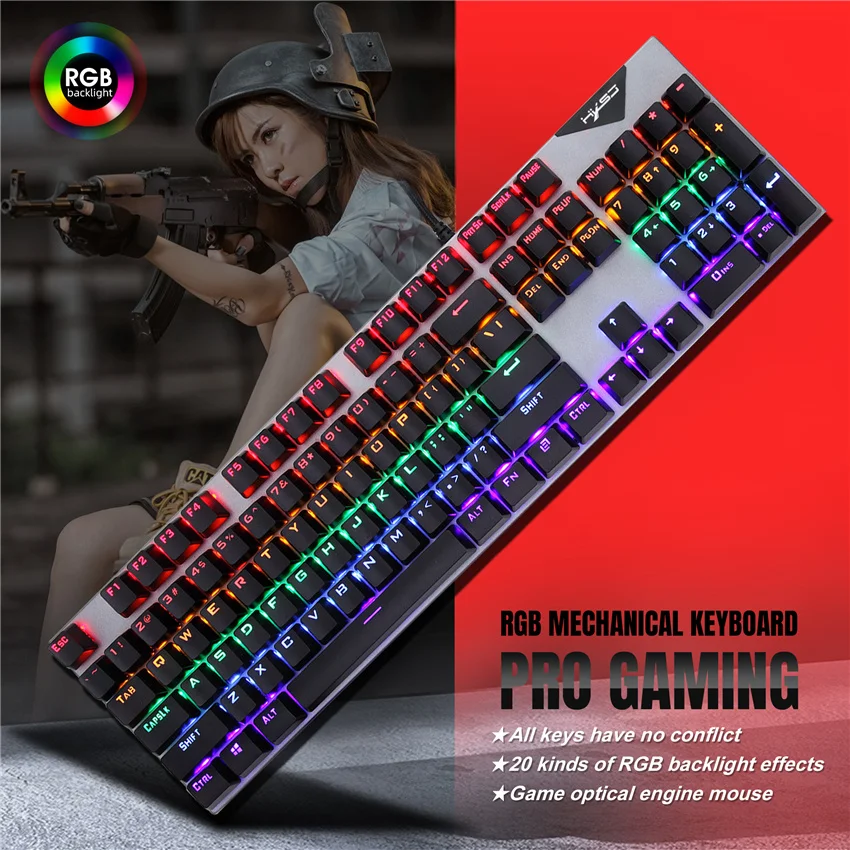 Проводная игровая клавиатура HXSJ L300 с 104 клавишами механическая RGB-подсветкой 20
