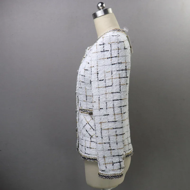 Женский твидовый пиджак подиумный облегающий однобортный жакет в клетку с