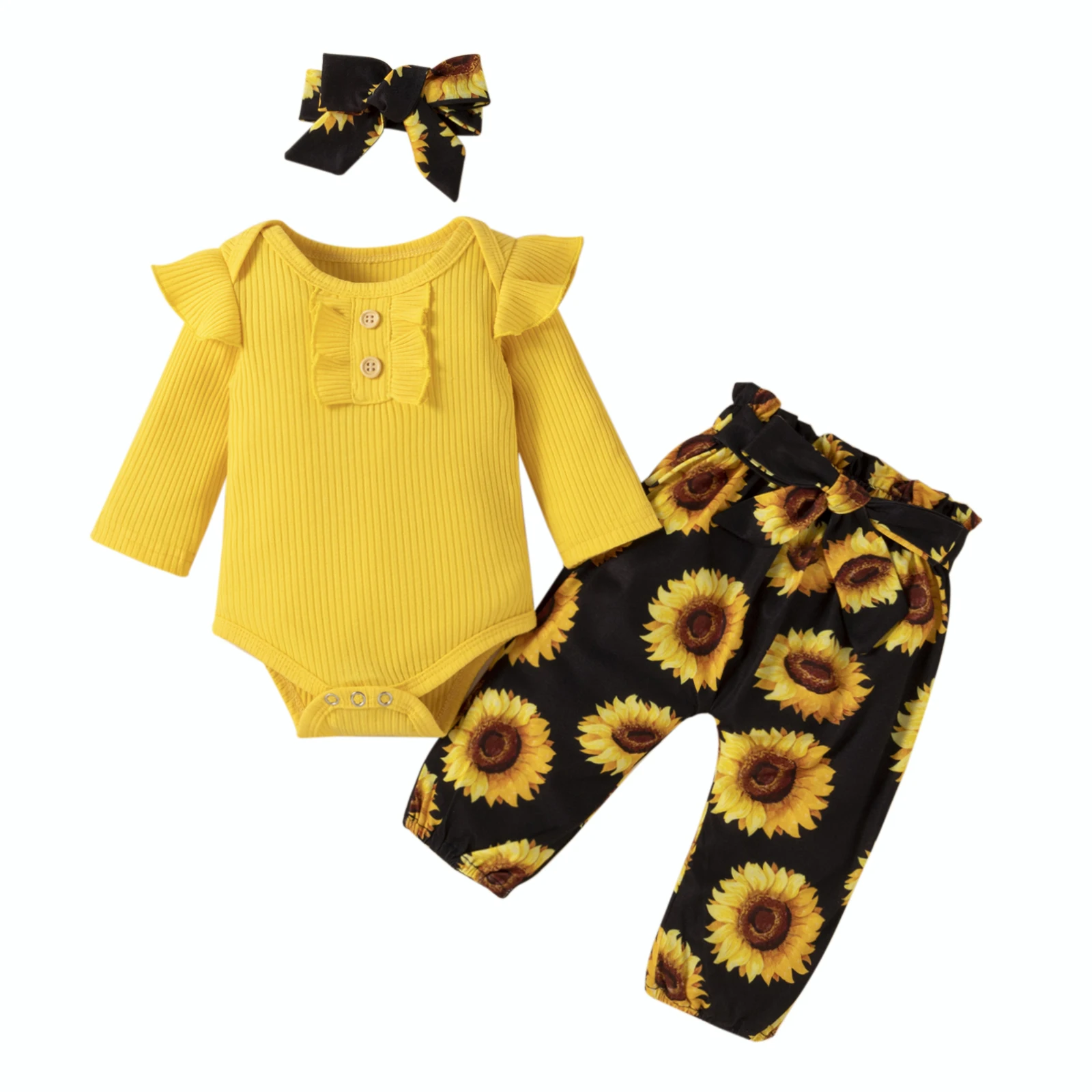 

2021 Summer Infant Clothes Baby Girl Clothes Set, Round Collar Long Sleeve Romper, Floral Printed Pattern Pants and Headdress