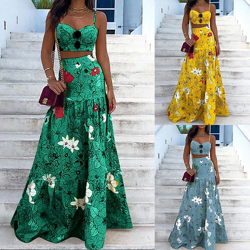 

Floral Print Summer Dresses For Women 2020 Two Piece Skirt Set Spaghetti Strap Crop Top And Maxi Long Skirt Party 2 Piece Sets