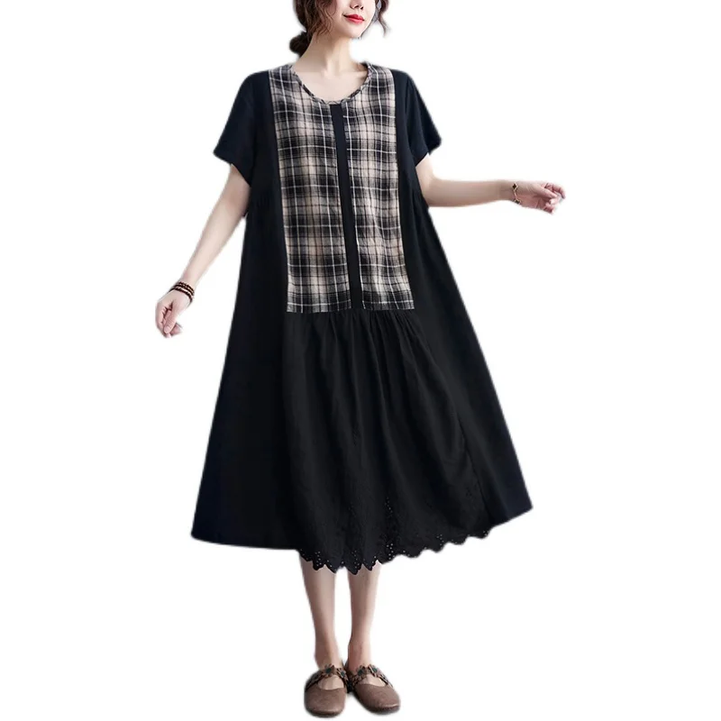 

Summer 2021 New Sleeveless O Neck Large Plaid Patchwork Pocket Loose Tank Knee-Length A-Line Dress