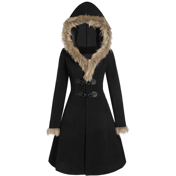 

Faux fur coat women's plush long thick coat hooded long coat Winter coat women's fur hood cuffs long sleeve alloy leather button