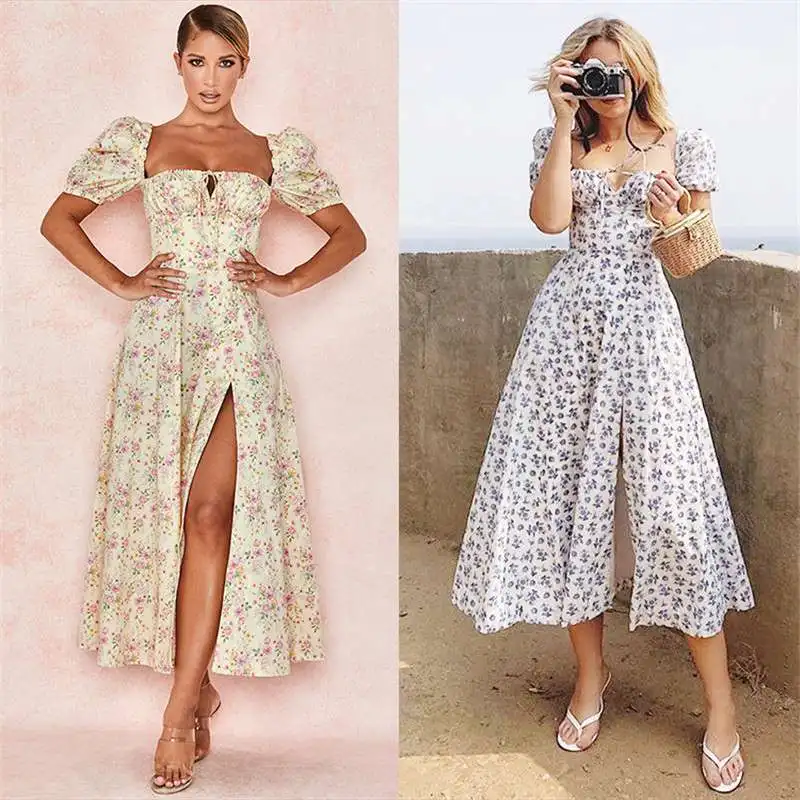 

Lace Up Dress High Split Party Women Long Dresses Floral Print Summer Club Elegant Sweet 2021 For Puff Short Sleeve Dress