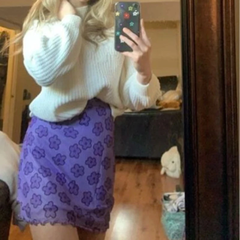 

brandy top Lettuce Trim Floral Mesh Skirt mini sexy midi skirts womens 2021 jupe y2k skirt mall