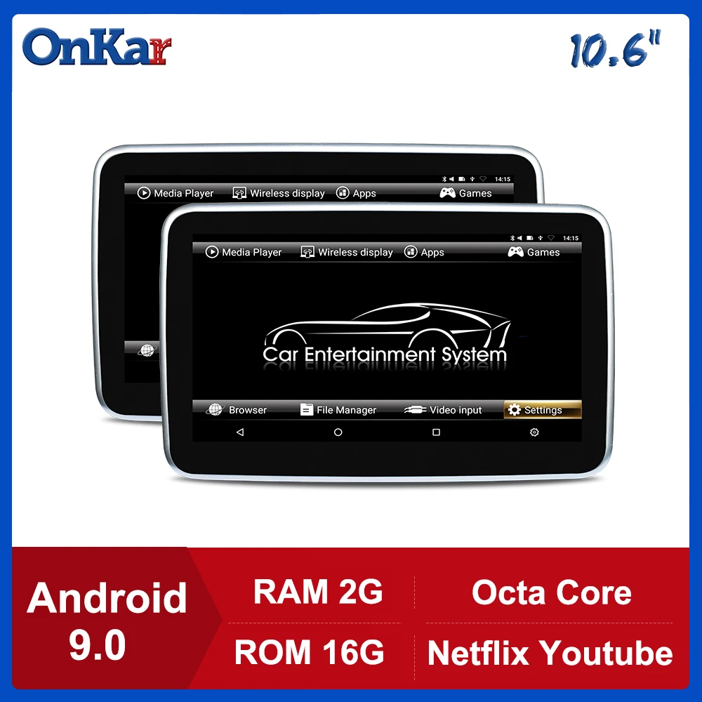 

Android 9.0 Car Headrest Monitor 10.6 Inch IPS Touch Screen Built-in FM/WIFI/Miracast/USB/HDMI/SD Card MP5 Video Player 2GB+16GB