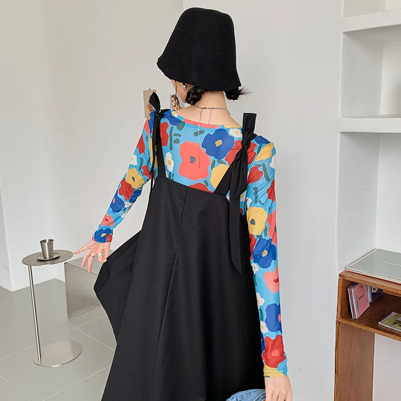 

Korejepo Women 2 Piece Set 2021 Summer New Casual Tie Floral T-shirt Net Yarn Bottoming Shirt Black Suspender Knee-Length Dress