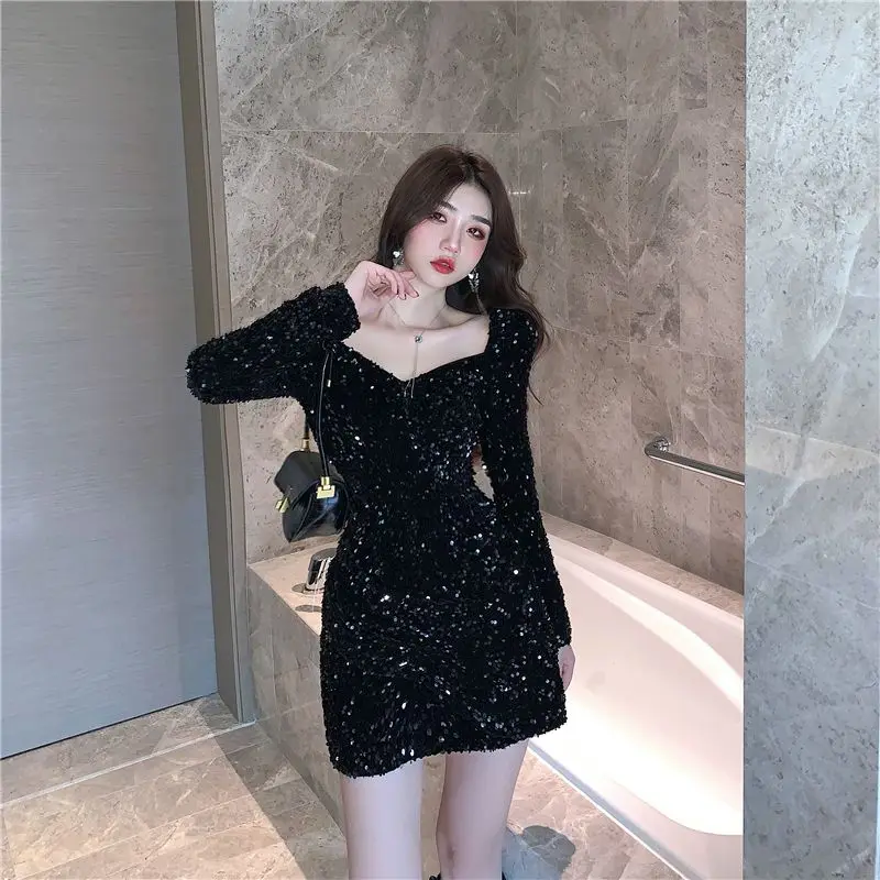 

Women Korean Dress Fashion One Piece Autumn Spring 2021 New Office Lady Korea Style Sexy Long Sleeve Patchwork Solid Dresses