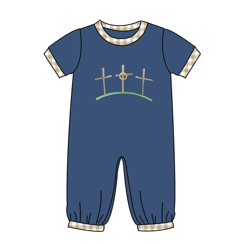 

Summer Clothes Boy Brown Plaid Cuffs Navy Blue Short Sleeve Easter Three Brown Cross Embroidery Pattern Baby Rompers