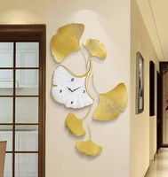 modern luxury metal ginkgo leaf resin wall clock ornaments home livingroom wall sticker crafts lobby hotel wall mural decoration