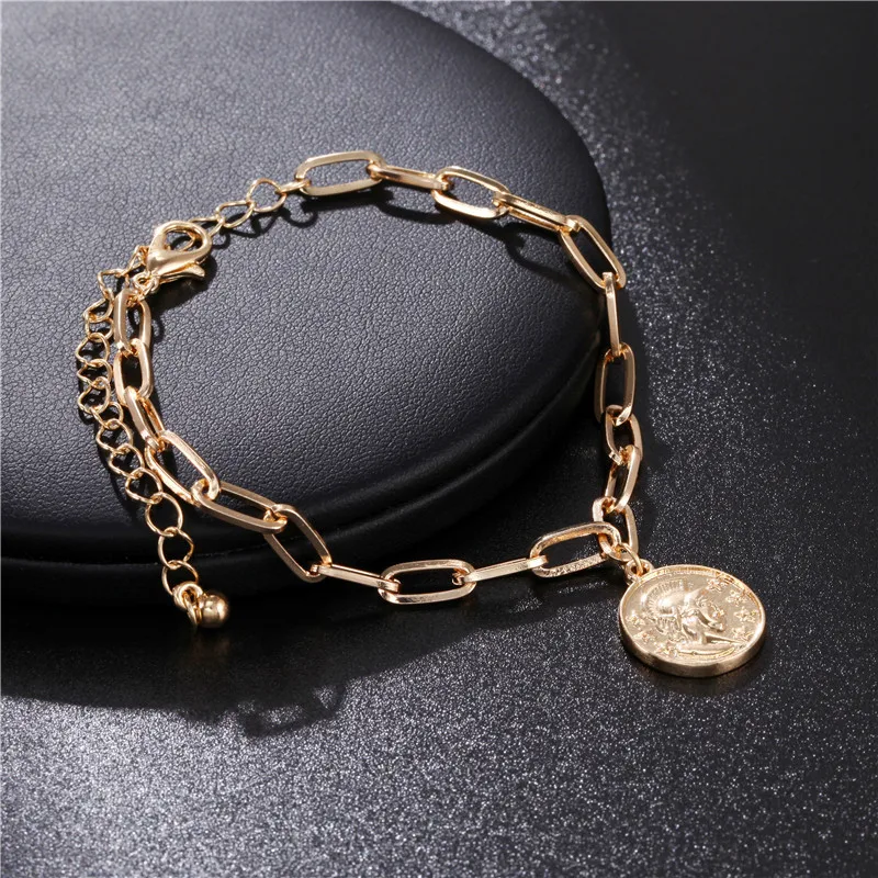 

Bohemia Alloy Gold Link Bracelets Charms Metal Chain Queen Head Coin Portrait Relief Pendant Bracelet For Women Top Fashion