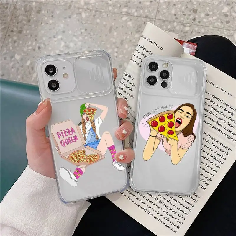 

ins Always love pizza girl Phone Case transparent For iPhone 7 8 11 12 X XS XR MINI Pro Max Plus Slide Camera Lens Protect