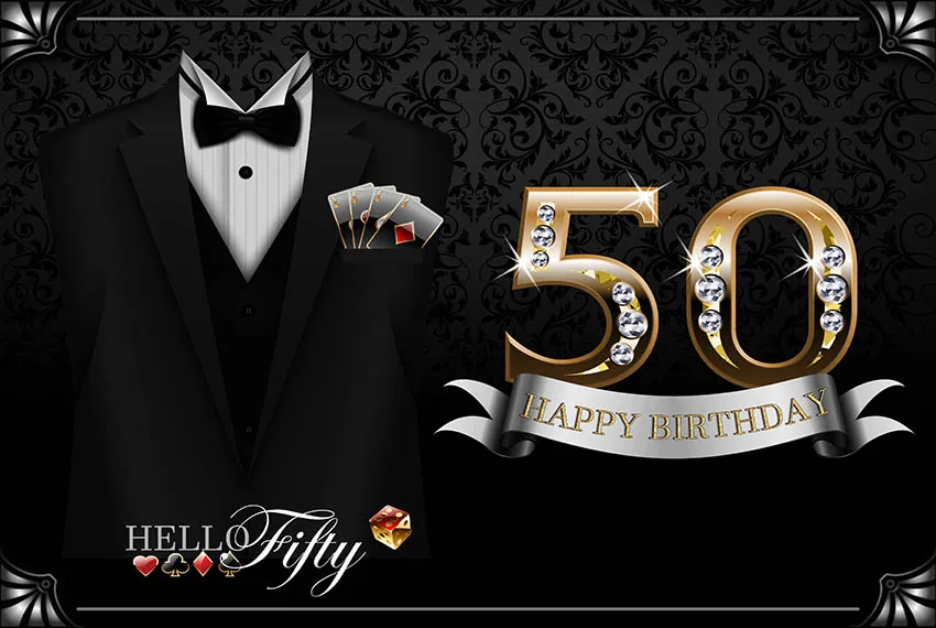 

7x5FT Gold Black Happy 50th Birthday Tuxedo Tailcoat Dovetail Pary Custom Photo Studio Backdrop Background Vinyl 220cm X 150cm