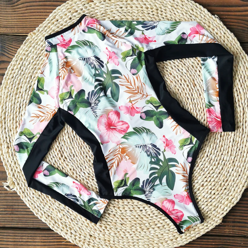 

YMYW Print Floral One Piece Swimsuit Women Swimwear Monokini Long Sleeve Printed Female Bathing Suit Surfing Bodysuit Swim Wear