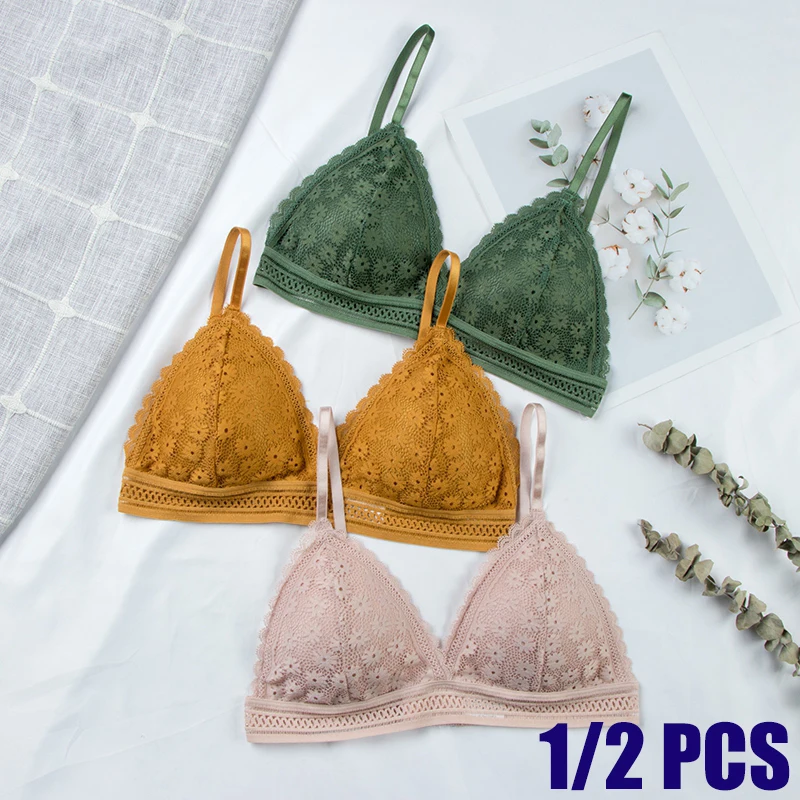 

Women Lace Bra No Steel Ring Beauty Back Wrapped Chest Comfortable Daisy Brassiere Stretch Triangle Cup Padded Underwear 1/2Pcs