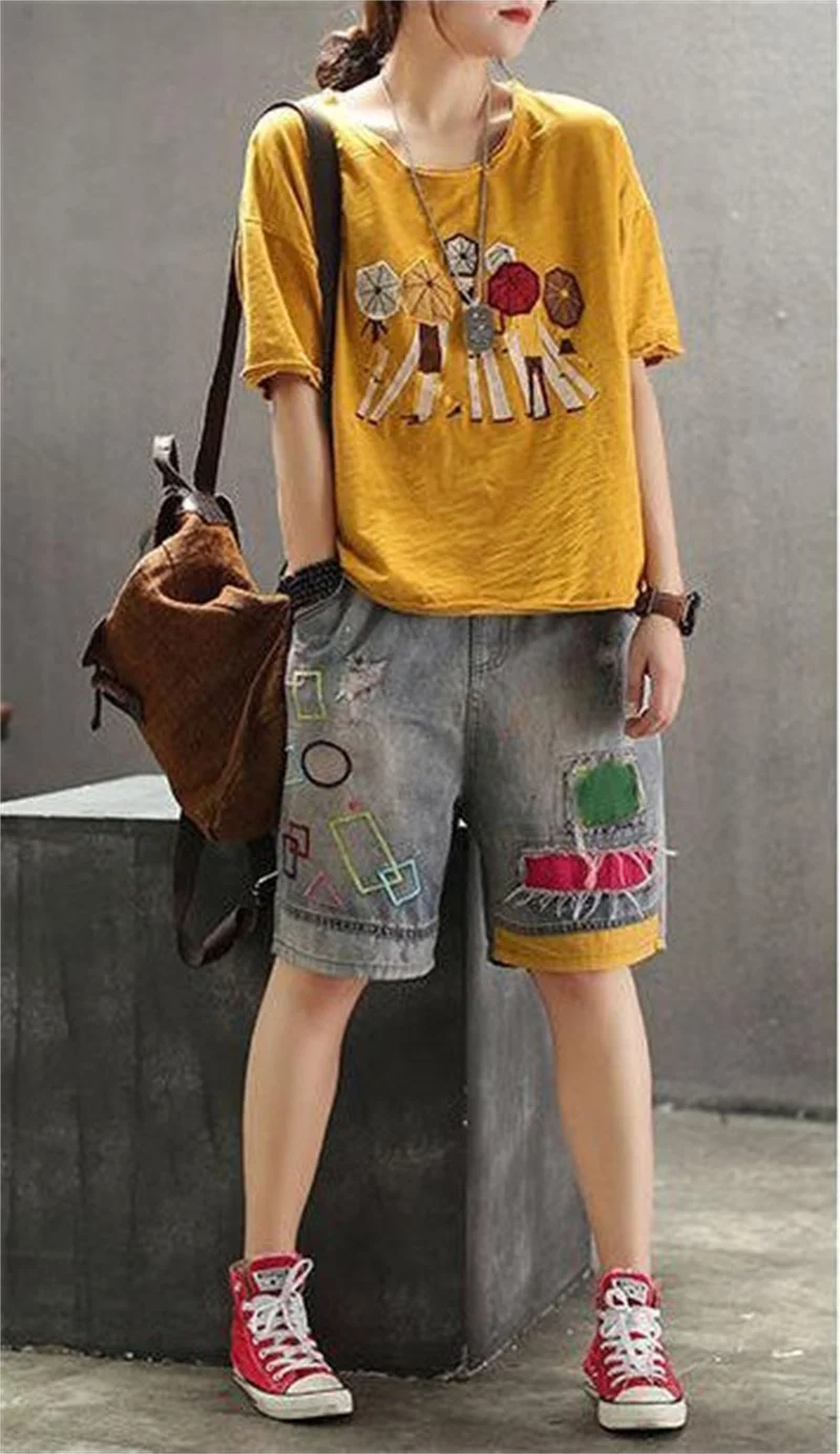 

Retro Appliqu Embroidered Jeans Shorts 20221 Female Summer New Style Embroidery Loose Large Size Elastic Waist Five-Point Pants
