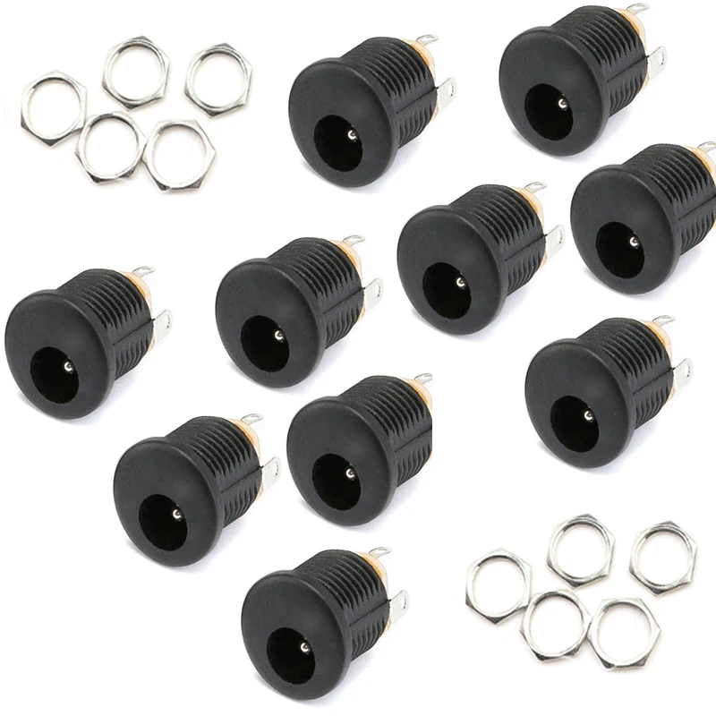 10/5/2pcs DC-022 5.5x2.1mm DC Power Socket Plug Jack DC Connectors Round Hole Screw Nut Interface Panel Mounting DC022 5.5-2.1
