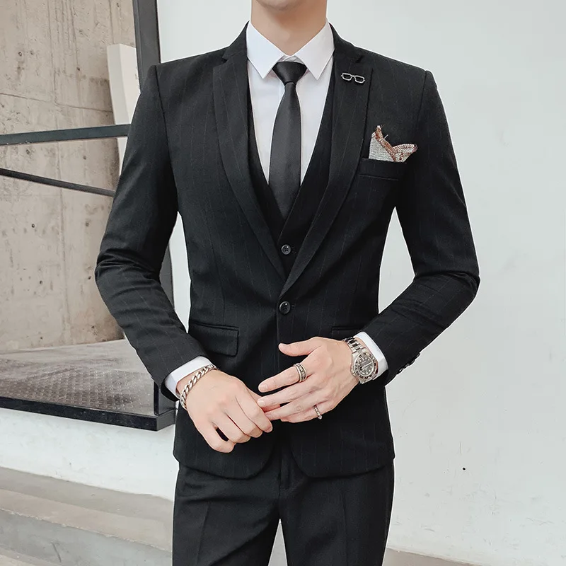 

HOHO 2020 Spring New Style Groom Slim Fit Suit Men Fashion Stripes Single-Button Suit Three Pieces