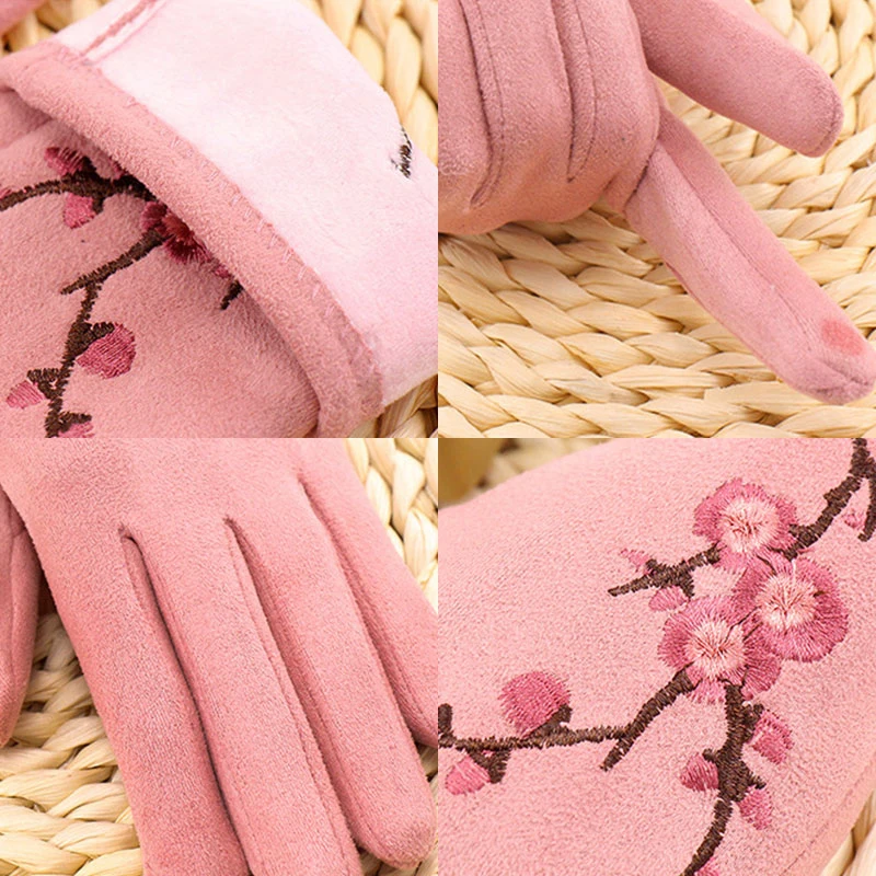 

1 Pairs Full Finger Suede Leather Gloves Touch Screen Driving Gloves Warm Cashmere Plus Velvet Plum Blossom Embroidery Mittens